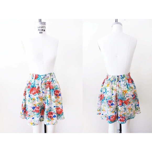 Vintage 90s Floral High Waist Shorts S M - 1990s Skort Mini Skirt Elastic Waist - Picture 2 of 7